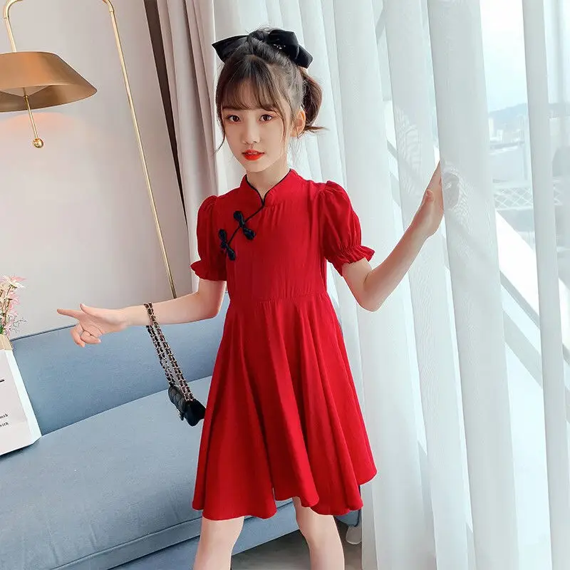 2024 Zomer Kinderen Meisjes Solide Chinese Rode Cheongsam Qipao Prinses Tiener Nieuwjaar Jurken Kleding 4 7 8 9 10 12 14 Jaar