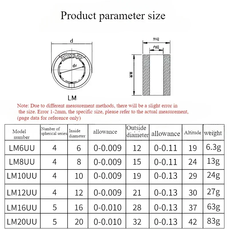 5PCS LM6UU LM8UU LM10UU LM12UU LM16UU LM20UU LMS8UU Long Type 3-16MM Rail Linear Shaft Ball Bearing CNC Parts for DIY 3D Printer