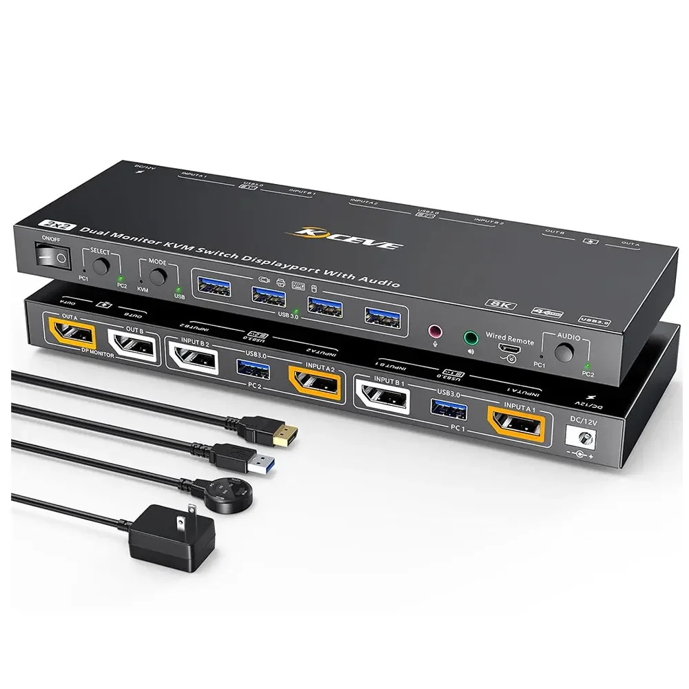 

KVM Switch 2 DP 2 Monitors 2 Computers 8K@30Hz 4K,Dual Monitor Support KVM Mode and USB Mode Voice Controlled Displayport