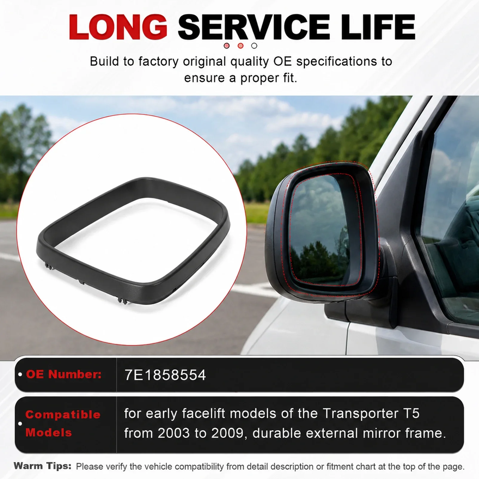 Ring Long Lasting Right Side Rear View Mirror Frame Cover Use for Transporter T5 Pre‑Facelift 2003 To 2009 Exterior Mirror Frame
