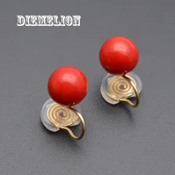 Hot Sale Natural Red Sea Bamboo Coral Clip on Earrings Without Piercing for Girls Party Simple No Hole Ear Clip Jewelry 8/10mm