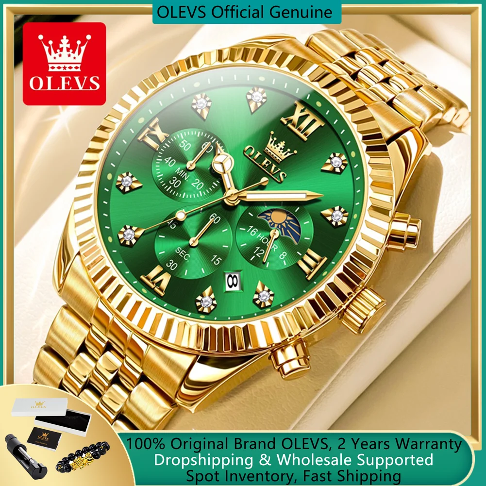 Olevs High-End Originele Replica Quartz Horloges Voor Mannen Luxe Gouden Roestvrij Staal Chronograaf Maanfase Waterdicht Man Horloge