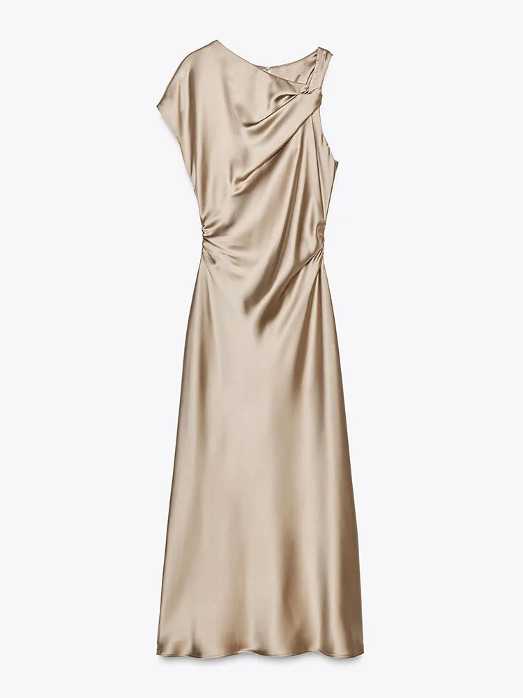 فستان نسائي جديد لموسم الربيع، أنيق بملمس الساتان، مزين بالطيات، خصر مرتفع، تصميم A-line طويل، مناسب للعمل، برقبة مستديرة #2