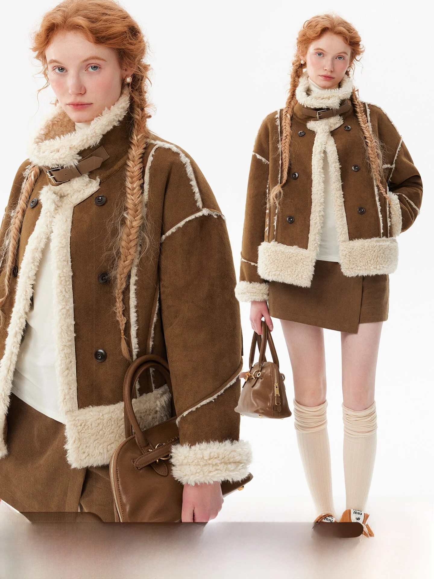 

plus Retro Double-Breasted Faux Lamb Fur Jaet Thiened Collar Stand-Up Collar Winter Warm Polyester Fiber Coat