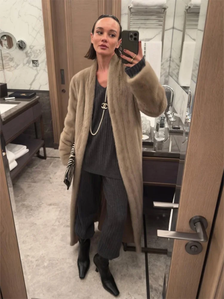 Women Dark Brown Faux Fur Long Coats Solid Open Front Stand Collar Oversized Warm Jacket 2026 Autumn Winter Lady Street Outfit