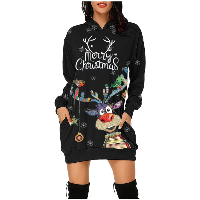 Autumn New European and American Clothing Long-sleeved Sweatshirt Dress Christmas Elk Print Hooded Skirt