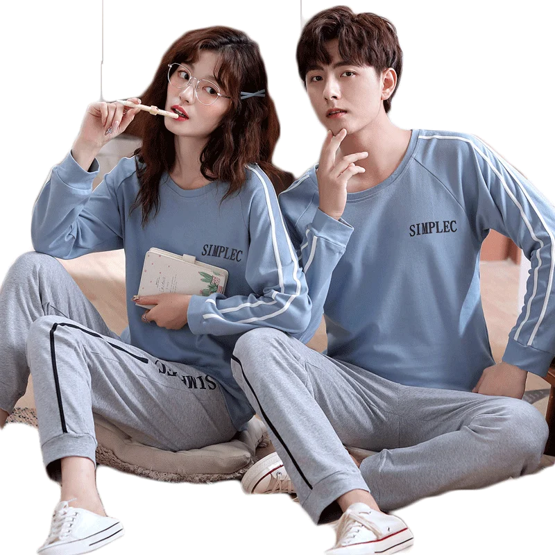 Couple Pajamas Set 100% Cotton Long Sleeve Sleepwear Male and Female Casual Pyjamas