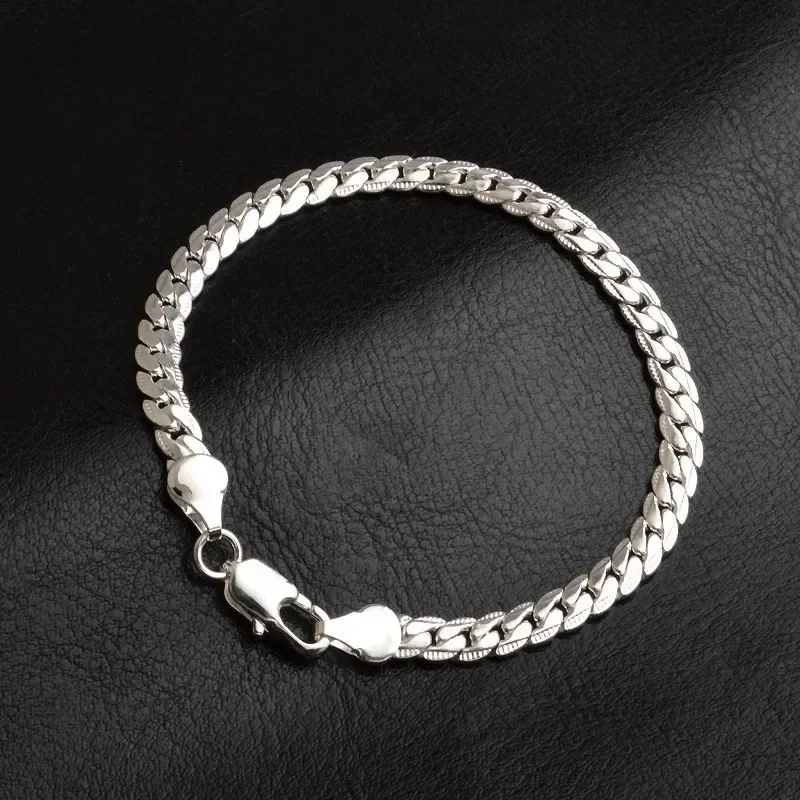 925 Sterling Silver Bracelet 6mm 18cm Flat Side Chain Lobster Clasp For Woman Man Wedding Engagement Jewelry Silver Bracelet