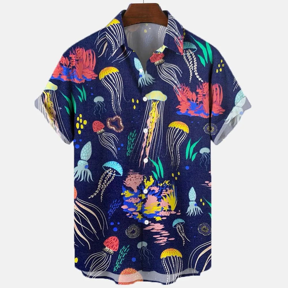 3d Sea Animal Seahorse Fish Print Lapel Hawaiian Shirt Men\'s Summer Casual Short Sleeve Loose Summer Shirt 5xl