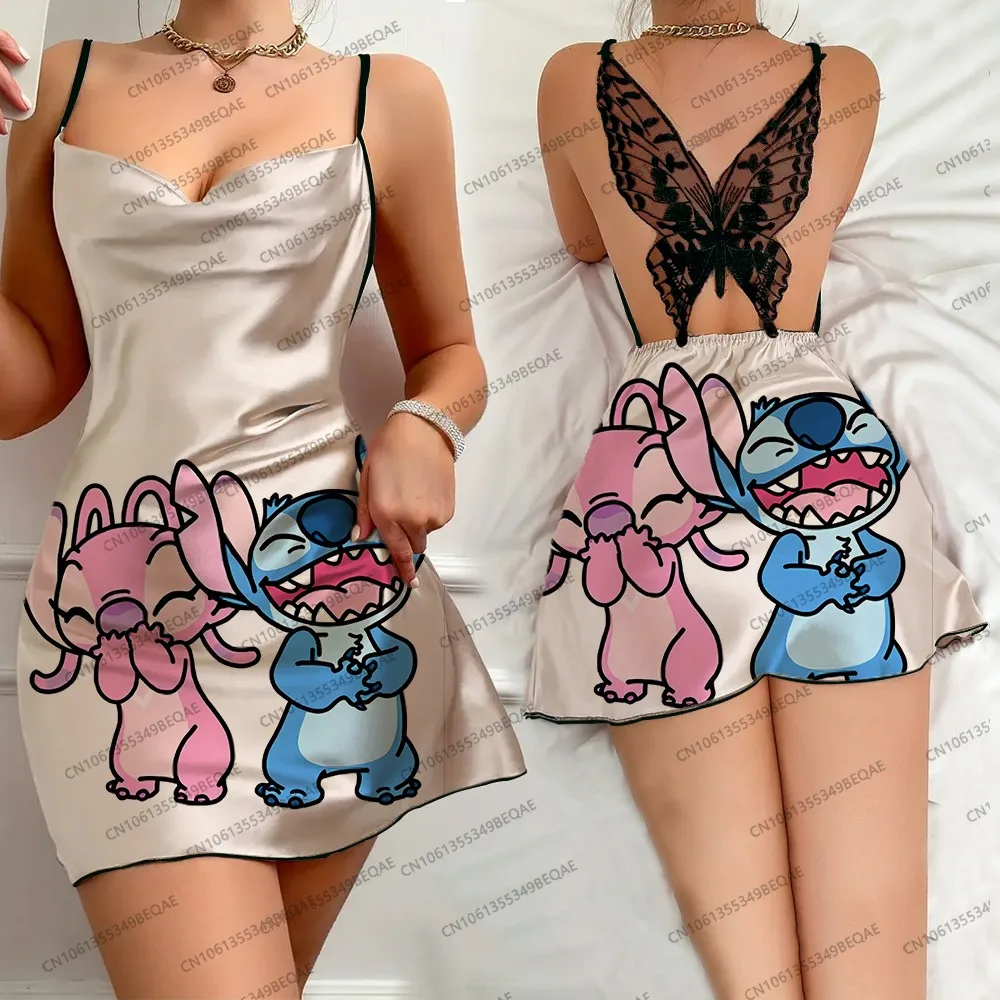 

Лето 2022, комфортное элегантное платье, кружевное вечернее платье с открытой спиной и бабочкой, ночная рубашка с круглым вырезом, короткая юбка с принтом Disney Lilo и Stitch