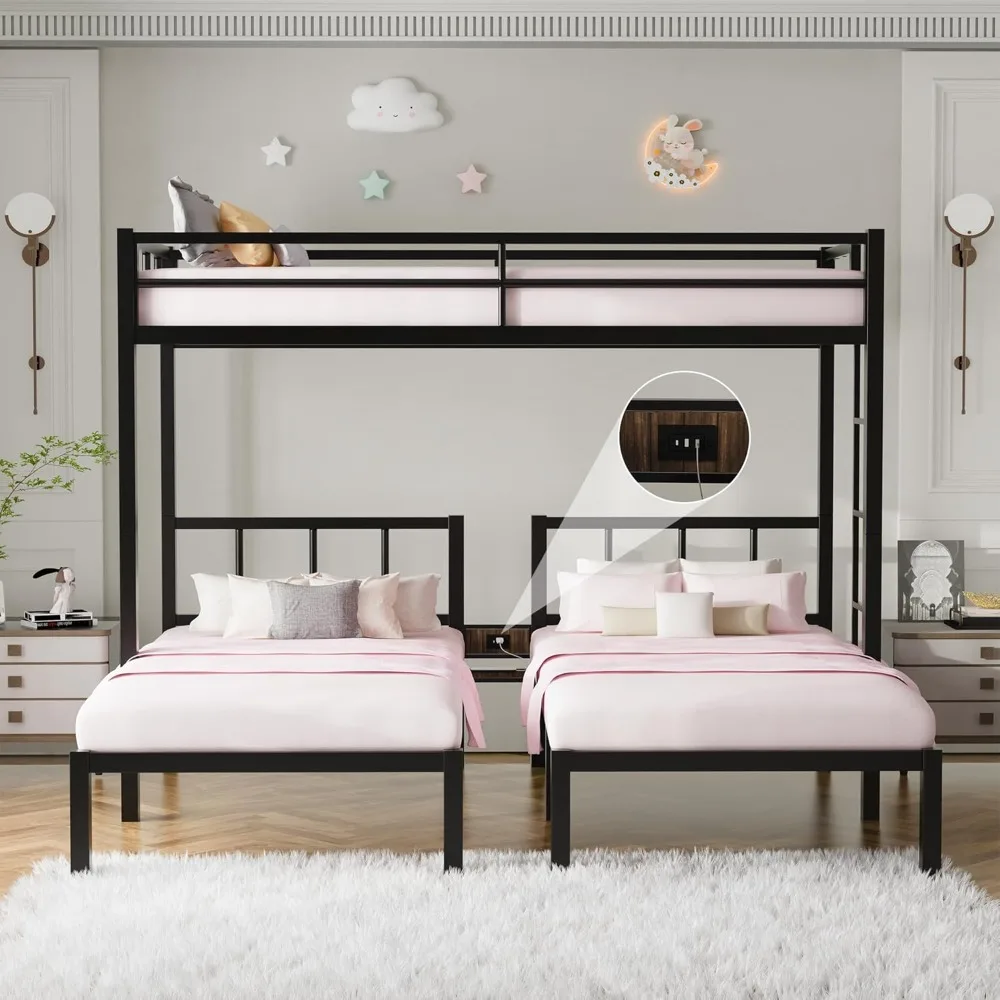 

Triple Bunk Bed with Charging Station, Twin Over Twin Over Twin Metal Bunk Bed with Ladder, Guardrail & Storage Shelf, Convertib