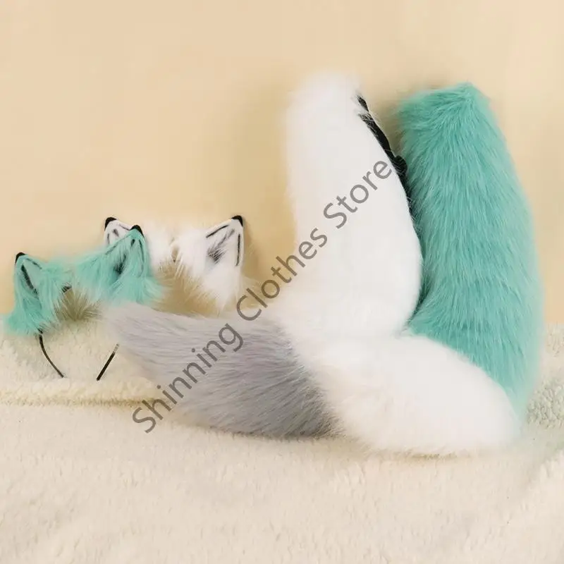 M68A Wolf Ears Headband with Tail Foxes Wolf Ears and Tail Set Halloween Cosplay Party Foxes Costume Accessories Kid Adult