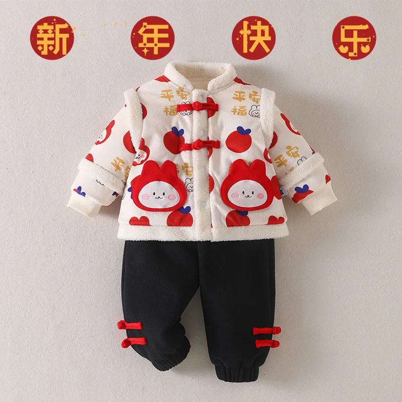 

Jenny&Dave Male and female babies, one year old New Year clothing with cotton padding and thickened two-piece set for infants an