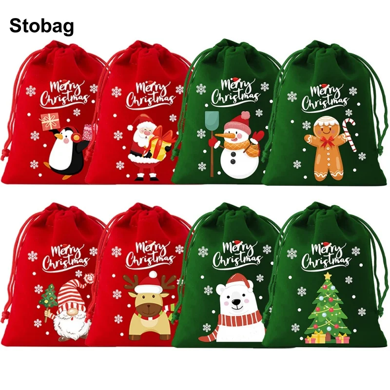 StoBag 6/8/12/30pcs One Set Merry Christmas Velvet Bag Drawstring Small Gift Storage Packaging Bundle Pocket Kids Pouch Party