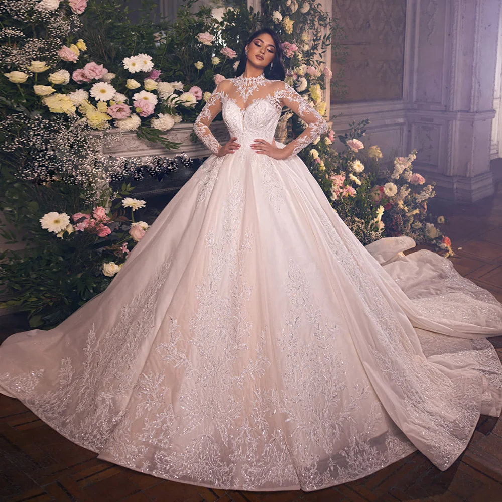 

O-Neck Long Sleeve Ball Gown Wedding Dress Beading Appliques Luxury Vestidos De Novia Illusion Back Gorgeous Trouwjurk