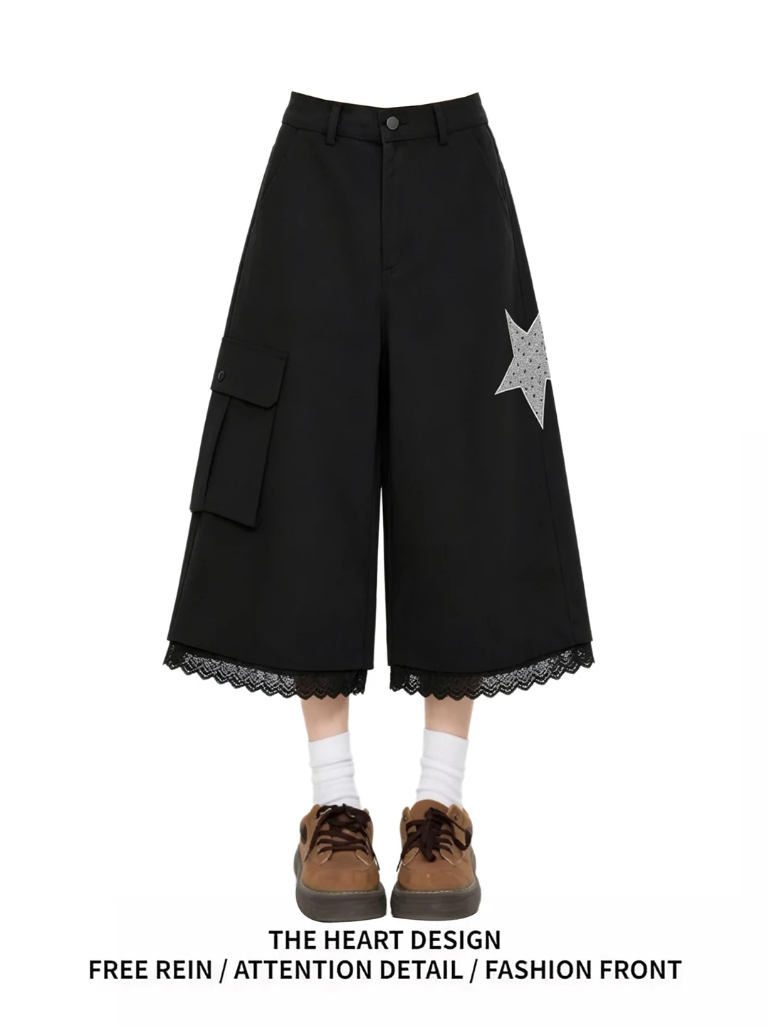 

Retro American Polka Dot Star Print Denim Wide Leg Pants Women Summer Thin Loose Lace Trimmed Seven-Foot Jeans Casual Wear
