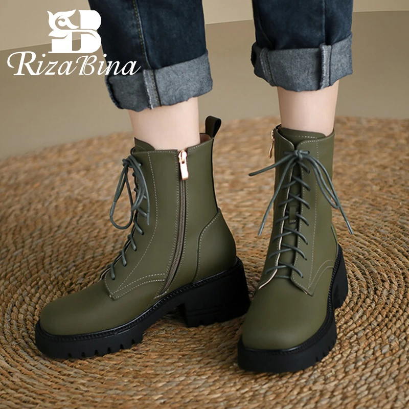 

RIZABINA Women Short Boots New Real Leather Square Heel Winter Ladies Shoes Fashion Ins Ankle Boots Woman Footwear Size 34-40