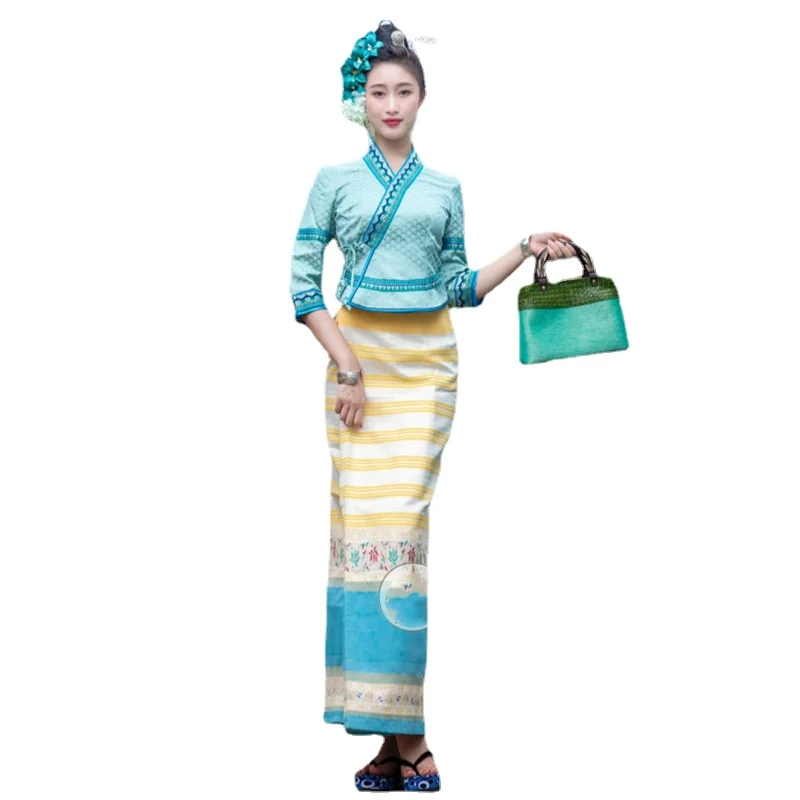 

Thailand Traditional Clothing for Women Blouse Tops Pha Sin Skirt Thai Dress Dai Restaurant Hotel Daily Welcome Work Clothes