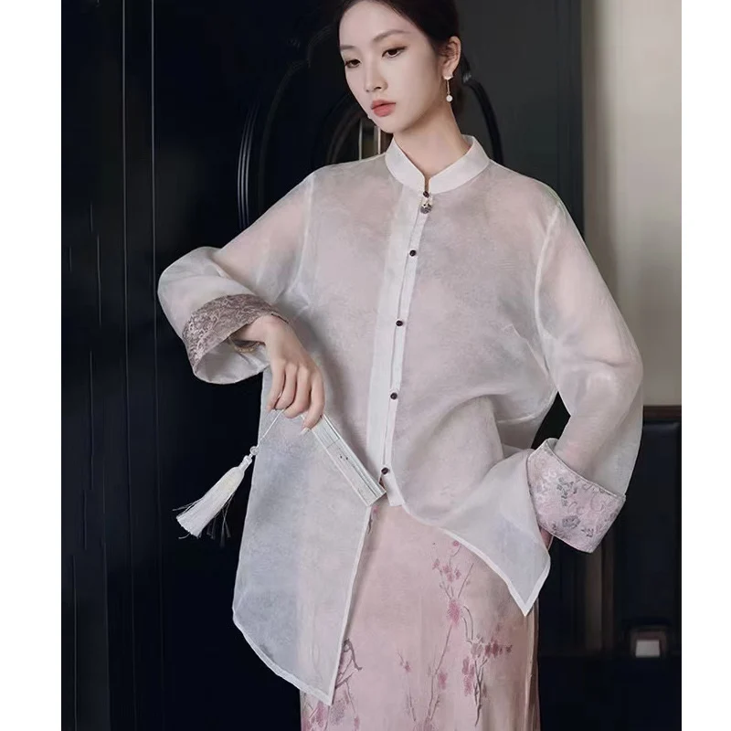 

Spring And Autumn New High-End Stand Collar Silk Organza Top Cuffs Embroidered Single Breasted Fashionable Shirt Women S-XL