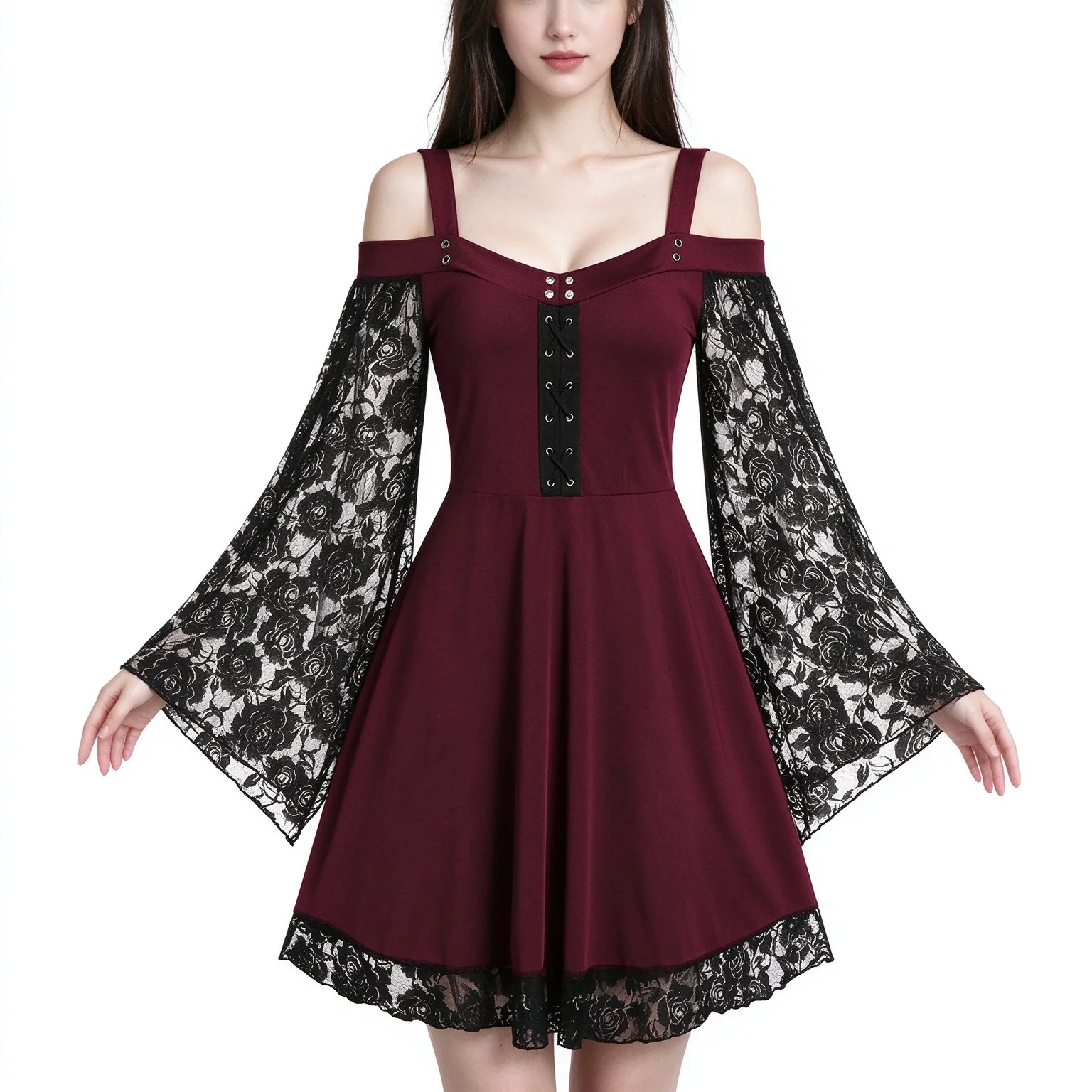 One shoulder flared sleeve lace patchwork artistic retro dress for women's casual dress view 4