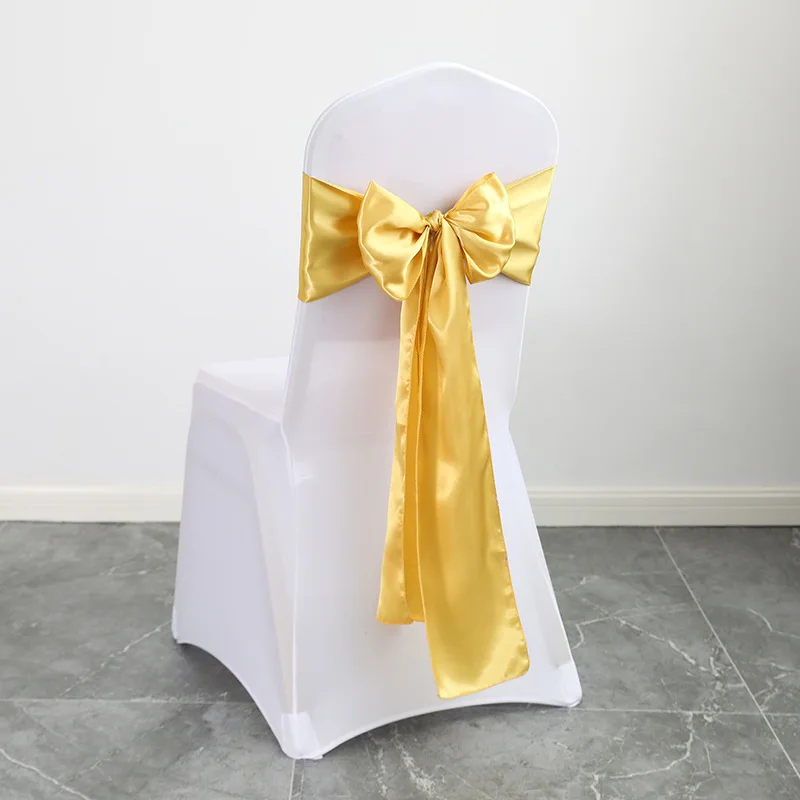 10PCS 17x275cm Gold Satin Chair Sashes Bows Chair Cover Ribbons for Wedding Banquet Party Baby Shower Event Decorations