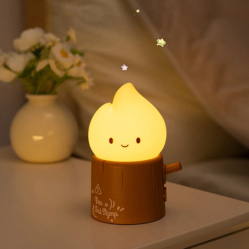 Flameless Candles Night Light Nightlights Dimmable Tree Stump Flame Night Light Atmosphere Light USB Charging Night Light