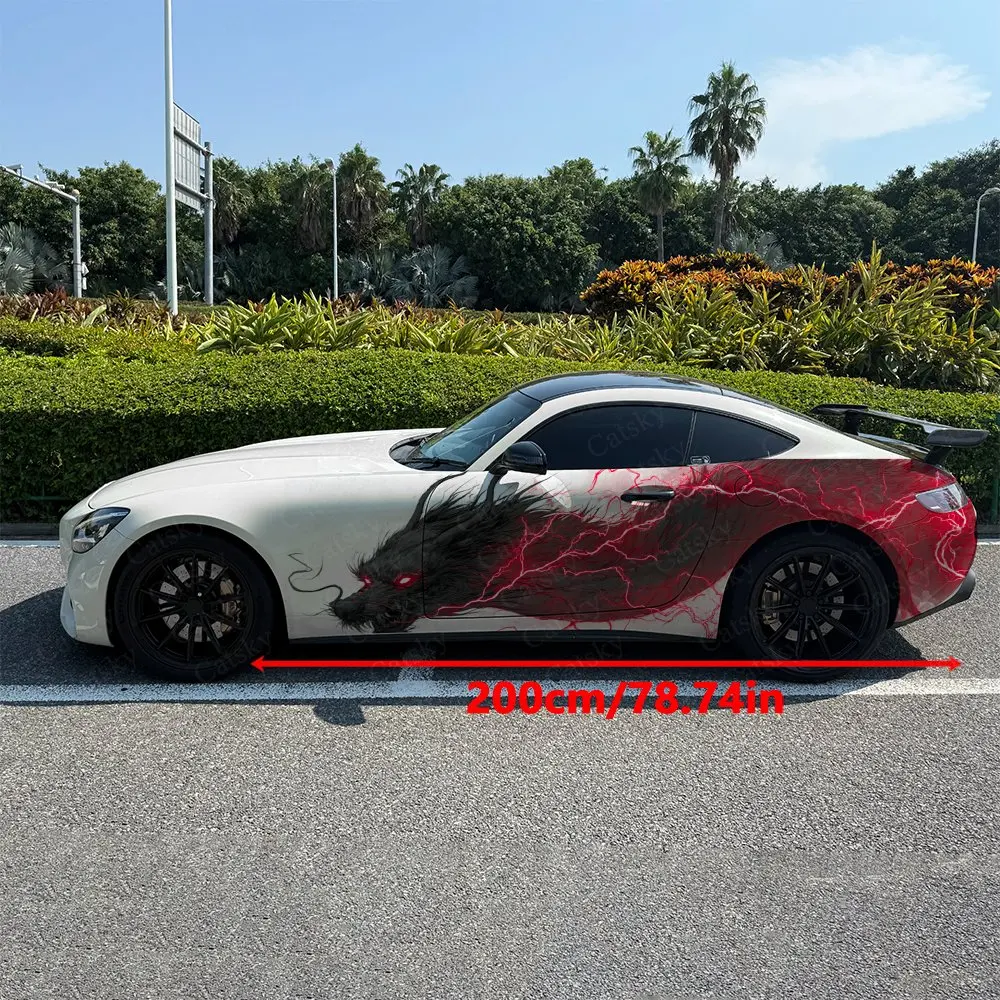 2pcs Dragon Peach Red Lightning Car Side Wraps, Self-Adhesive PVC Waterproof & Scratch-Resistant Stickers, Car Accessory Gift