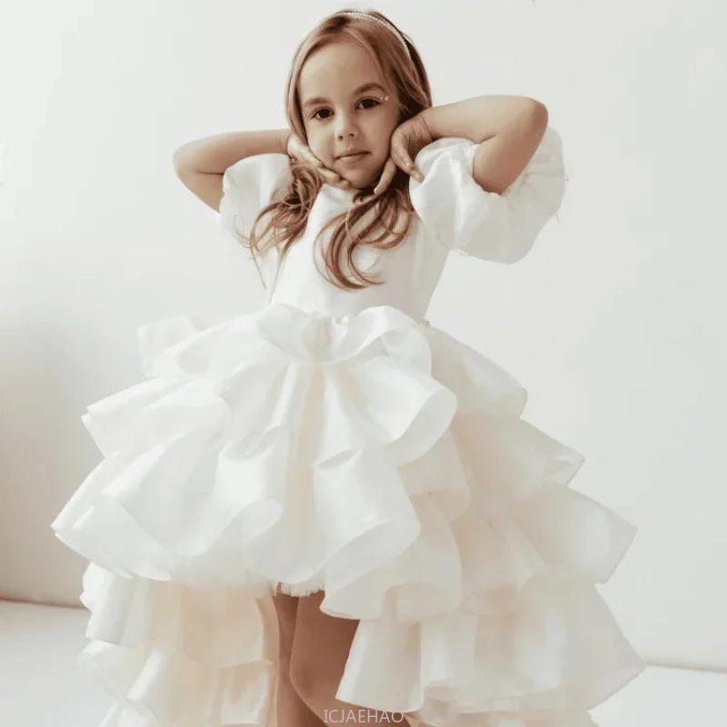 Long Dress Flower Girl Dresses Birthday Party Holy Communion Gowns Kids Beige Tiered With Bow Tailing Short Sleeve For Wedding