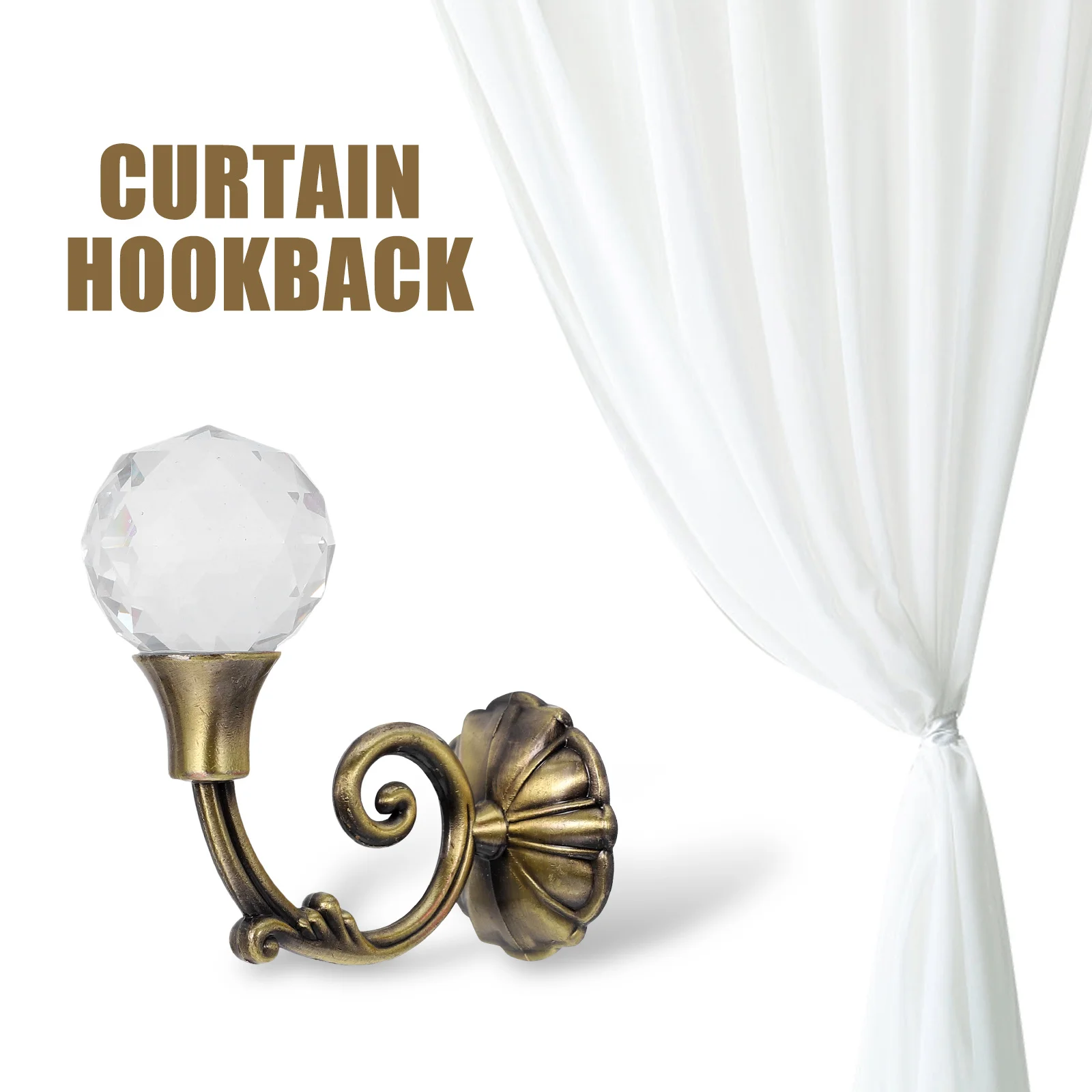 

2Pcs Curtain Holdback Hooks Premium Alloy Bronze Finish with Transparent Crystal Ball Decorative Tiebacks for Home Window