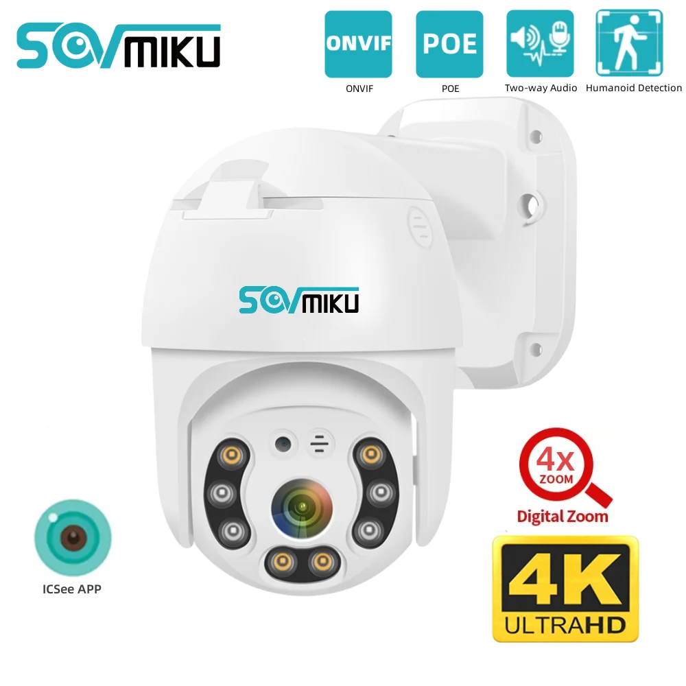 

SOVMIKU 8MP 4K PTZ IP Camera POE H.265 4X Digital Zoom Night Vision ONVIF Human Detection CCTV Camera Outdoor Waterproof Camera