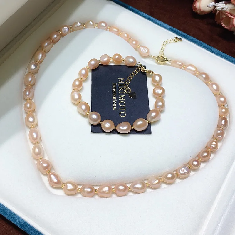 

Natural Freshwater Baroque Necklace Set Wholesale for Women Exquisite Pink Pearl Bracelet Personality Versatile
