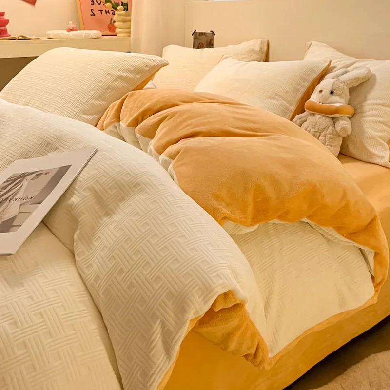 2025 new winter carved milk fleece four-piece set thickened coral fleece quilt cover flannel bedding view 3