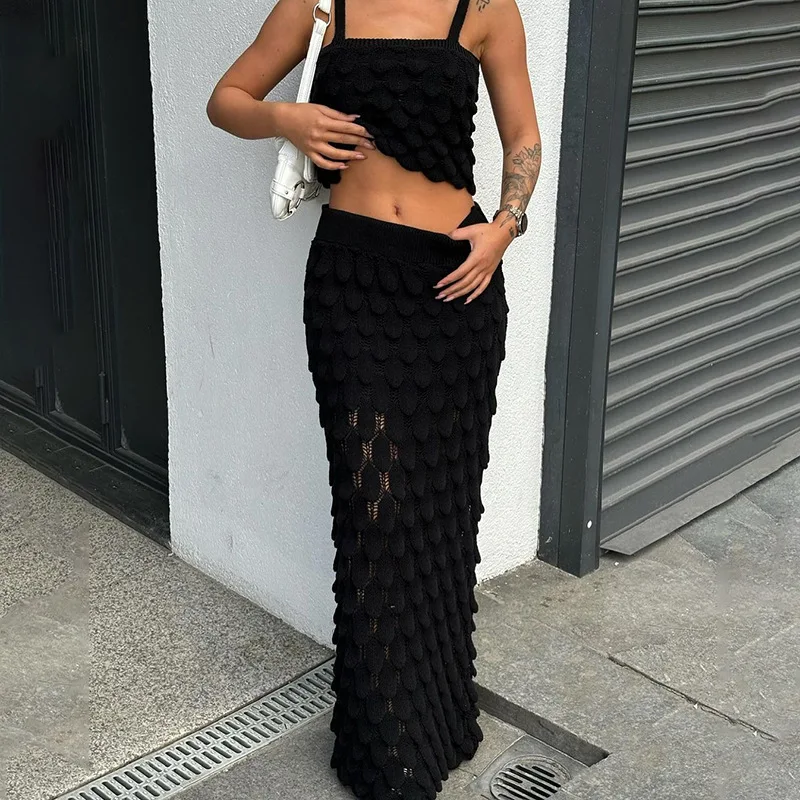 Elegant Knitted Women 2 Piece Set Solid Sleeveless Crop Top Long Maxi Skirts Matching Set 2024 Summer Holiday Beach Cover Ups