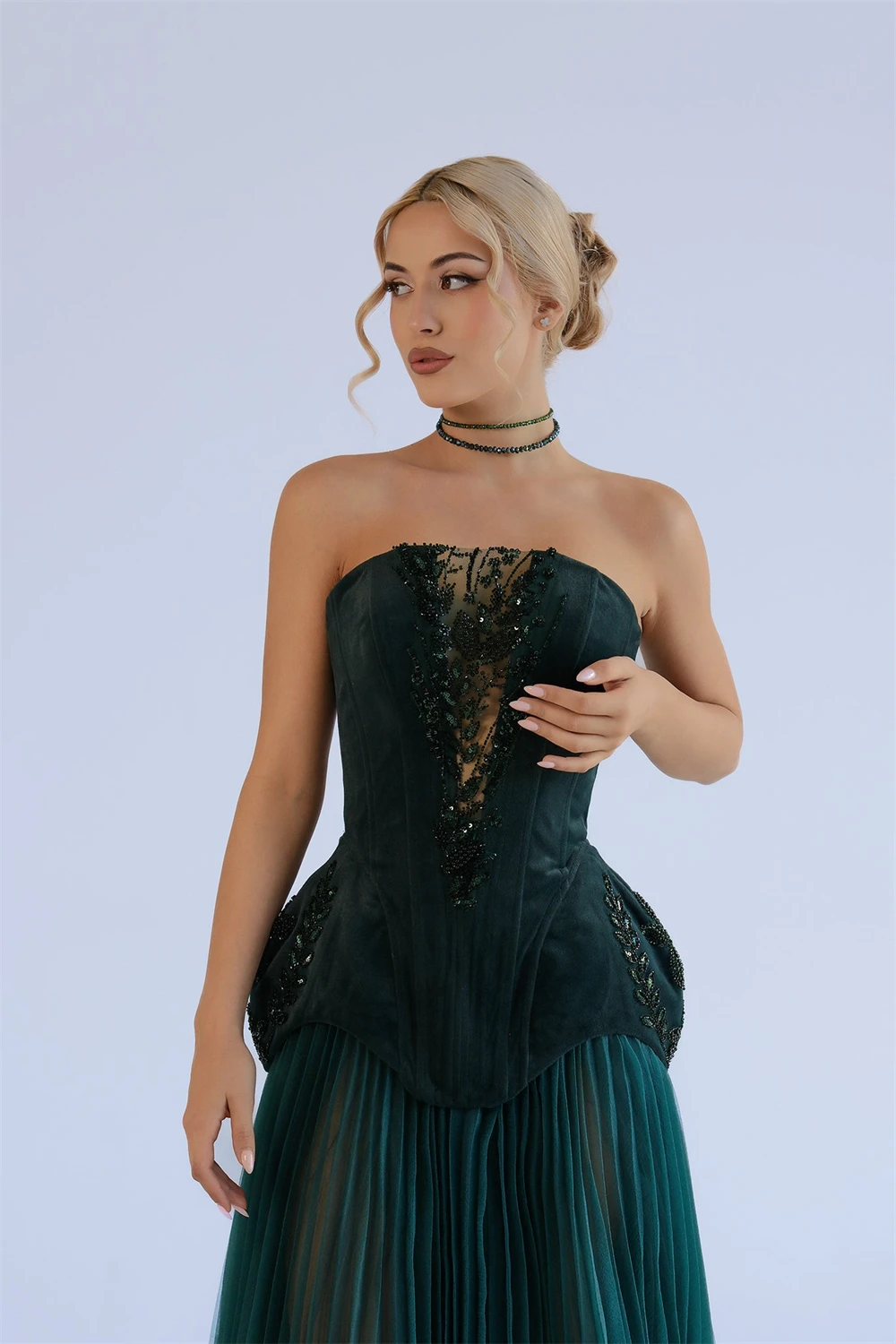 Contessa Custom prom dress A line dress strapless corset bodice sheer beaded lace up back chiffon floor length sexy formal gown