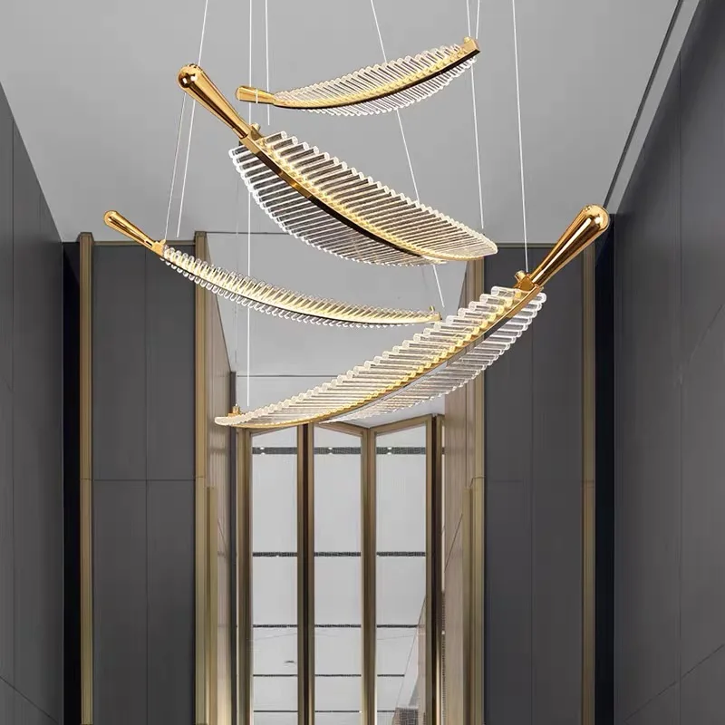 Villa dining room chandelier spiral staircase sales department negotiation area art glass leaf engineering lamp customization