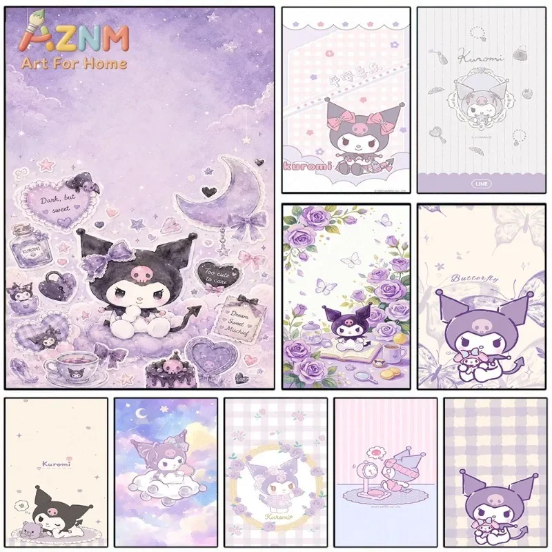 Sanrio Kuromi Dreamy Watercolor Moon Canvas Wall Art No Frame Cute Purple Devil Cartoon Rose Butterfly Print Girls Bedroom Decor