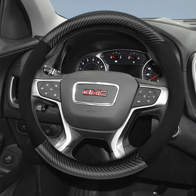 Funda de Volante de Fibra de Carbono con Textura Mate de Gamuza, Compatible con Gmc Sierra 1500 Hd Ev Yukon Terrain Acadia Canyon Savana Hummer Ev, Accesorios para Auto en Negro y Rojo