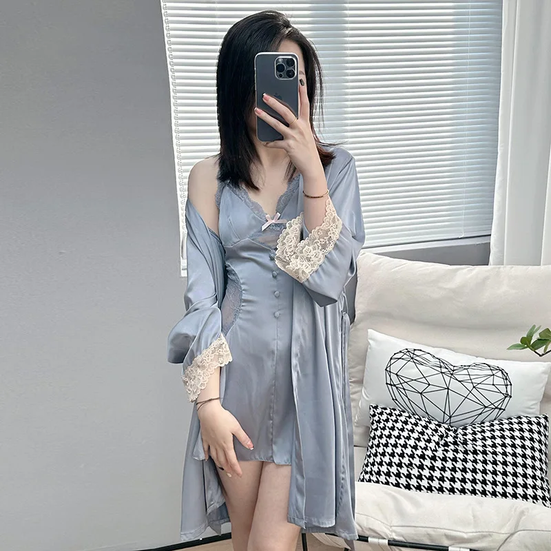 Sexy Lace Satin Patchwork 2PCS Kimono Robe Set Women Sleepwear Bathrobe Gown Intimate Lingerie Novelty Nightwear Homewear