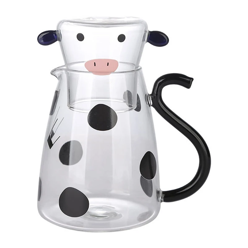 

Glass Water Carafe Set With Cup Lovely Cartoon Cow Cold Kettle Flowering Teapot Canister Milk Iced Beverage Bottle