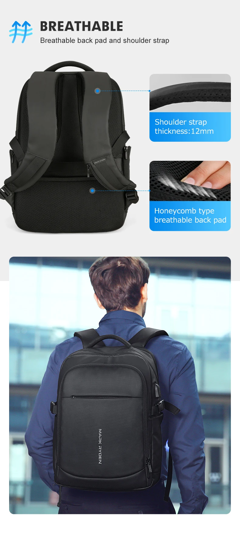 Mark Ryden Mann Rucksack wasserdicht 15,6 Zoll Laptop mehr schicht ige Taschen Tasche Mann USB Aufladen Schul rucksack Reise Mochi las – Detail 5