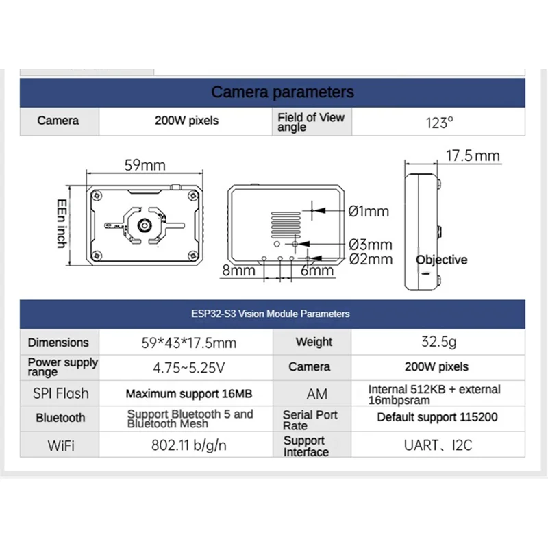Módulo de cámara A45F-Wifi, transmisión de imagen de ESP32-S3 para Robot ROS, carrito de coche, Sensor de reconocimiento Visual AI, cámara de visión