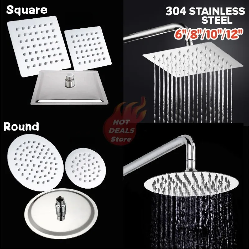 Round & Square Stainless Steel Ultra-thin Showerheads 12/10/8/6/4 Inch Rainfall Shower Head Rain Shower Chrome Finish