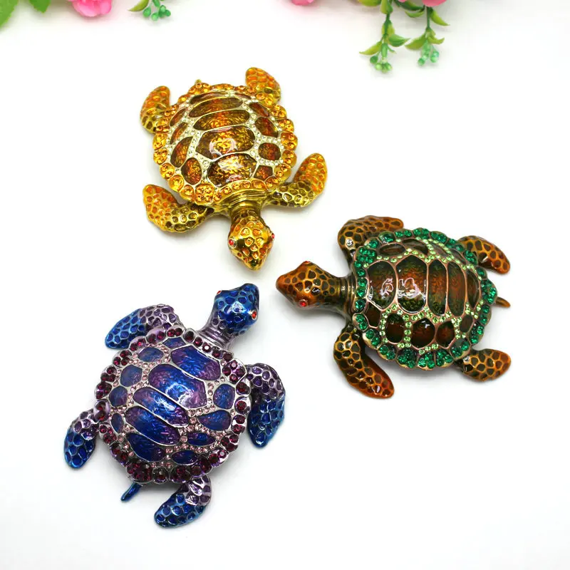 SHINNYGIFTS Turtle Trinket Box Hinged Hand Painted Enamel Turtle Ornament Collectible for Home Decor