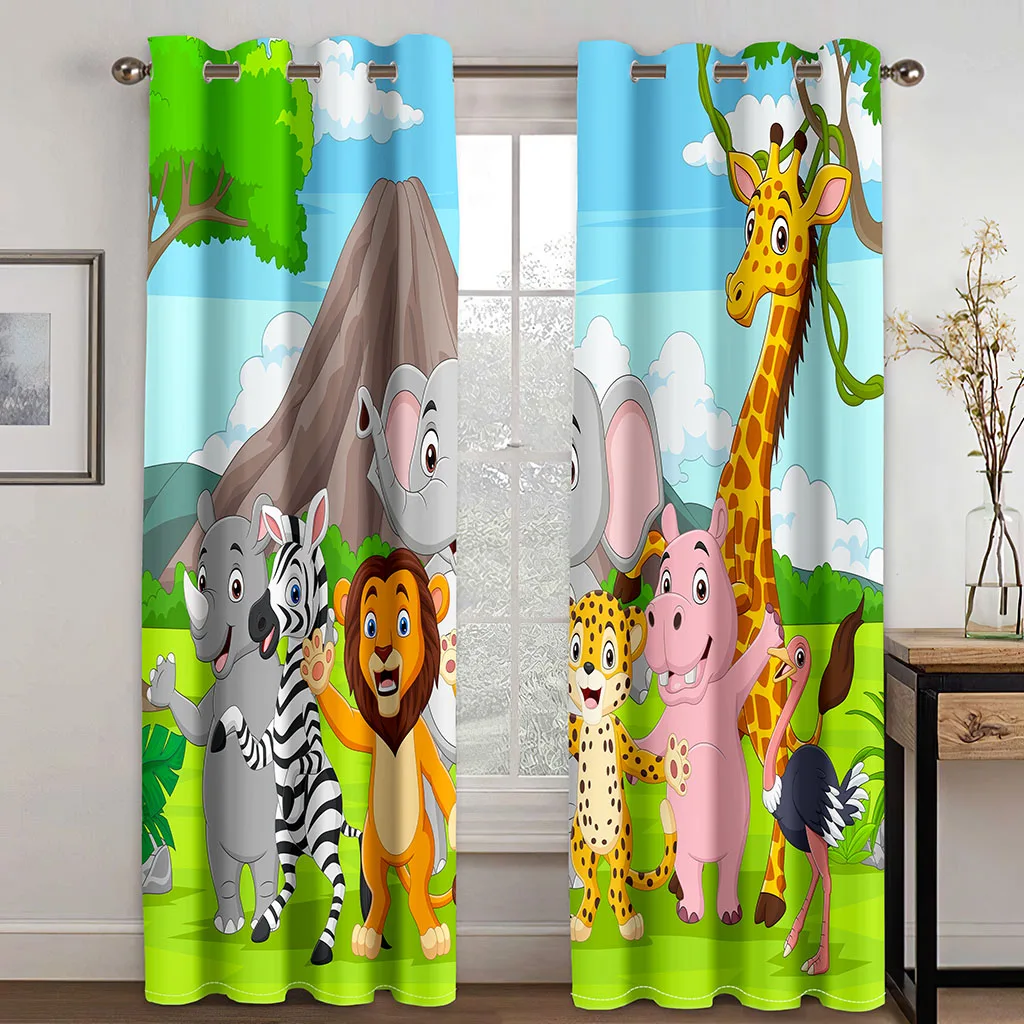 Cartoon Funny Elephant Dinosaur Tropical Forest Kids Window Curtains For Living Room Bedroom Bathroom Kicthen Door Home Decor