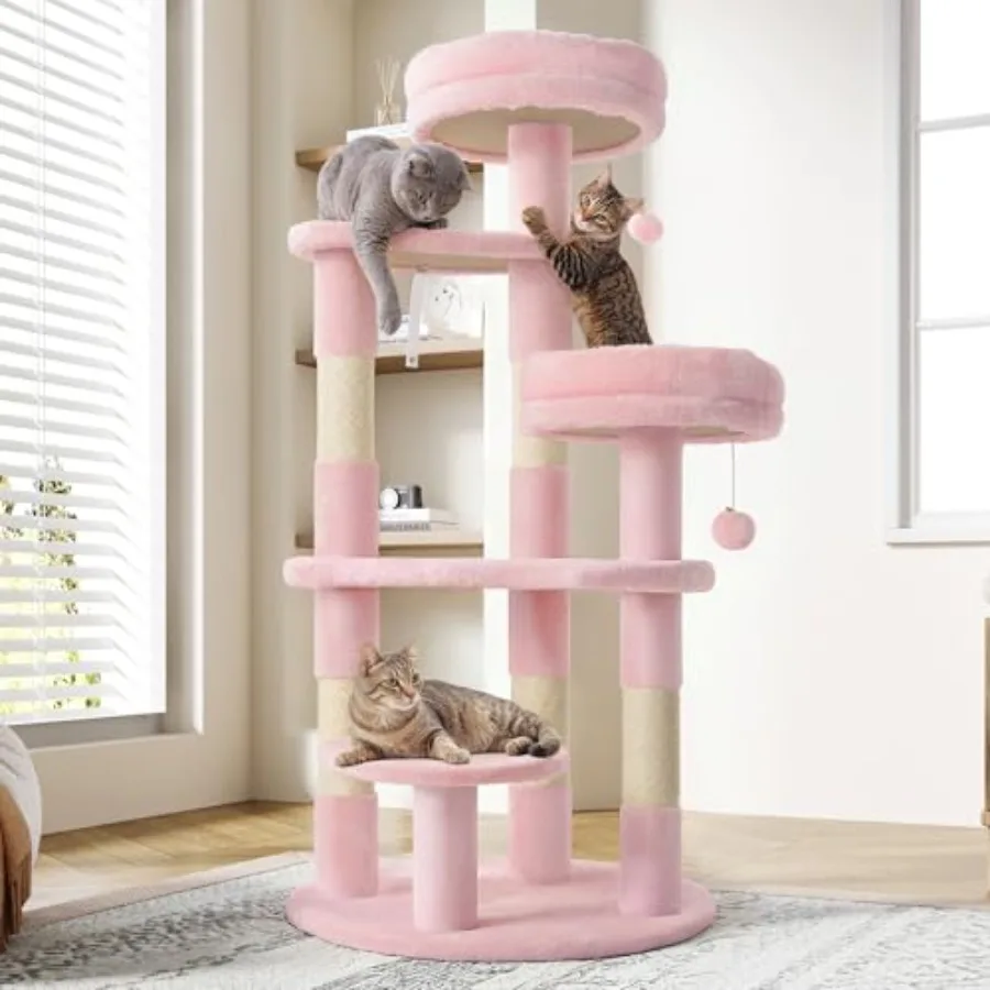 

55.5 in Cat Tree for Indoor Kitties with Soft Plush Perches Multi-Level Design Sisal Scratching Posts Crescent Plates Round Jum