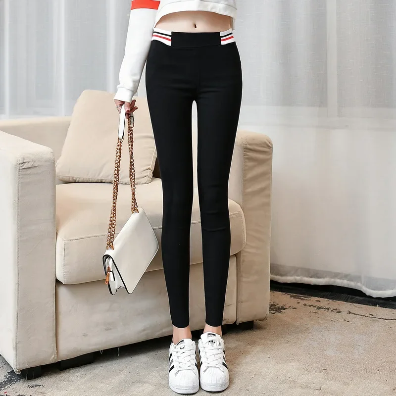 Korean Pencil Pants for Women Wearing Thin Colored Waist Black Tight Elastic Slimming Leggings Elastic Cropped Leggings