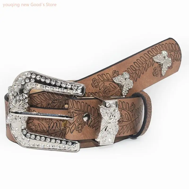 

49ME Womens Leathers Belts for Jeans Dresses Fashion Rhinestones Buckle Ladies Belt Jeans Belt Students Waistband