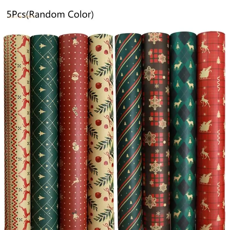 

5 Sheets Christmas Wrapping Paper Kraft Paper with Snowflake Elk Pattern for Christmas Collection Gift Present Dropship