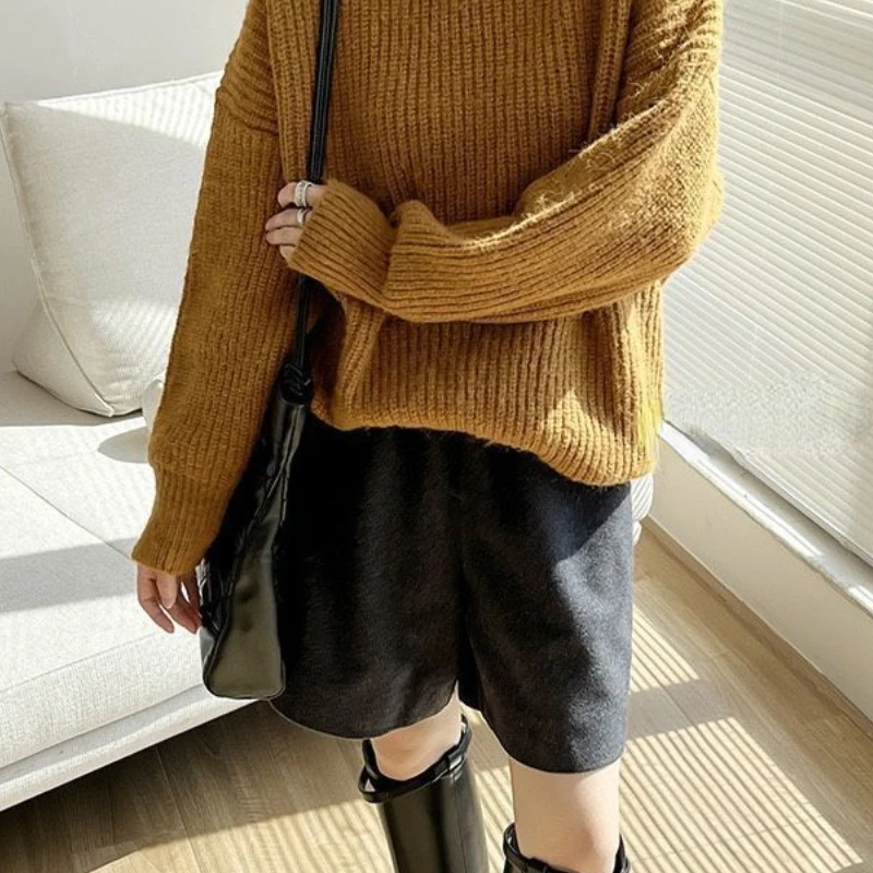 Woolen Shorts for Women Elastic High Waist Autumn Winter Office Style Elegant Ladies Simple Classic Loose All-match Retro Pure