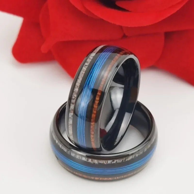 Somen-Bagues en carbure de tungstène pour hommes, bois rouge, bois de wapiti, incrustation de fil d'acier bleu, bijoux de fiançailles de mariage polonais breton, 8mm